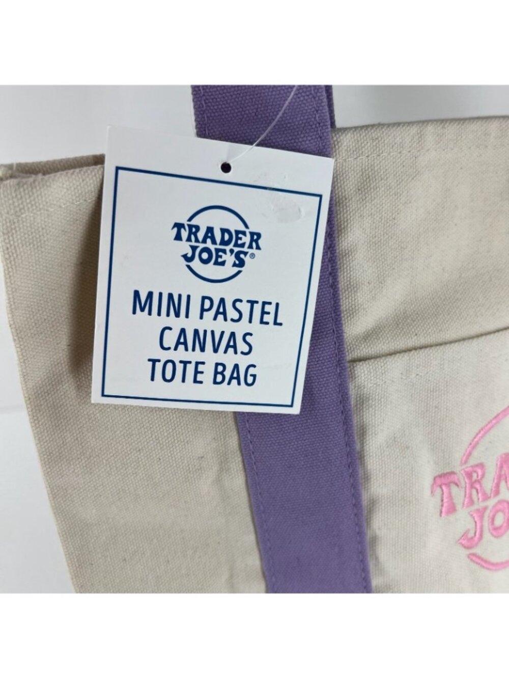 Trader Joes Mini Pastel Canvas Tote Bag Shopper Handbag Pocket Logo Purple Beige - Picture 5 of 11